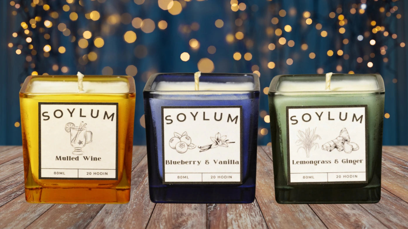 3 PACK Sójová vonná svíčka - Mulled wine + Blueberry & Vanilla + Lemongrass & Ginger